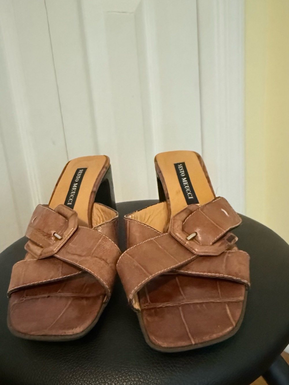 Sesto Meucci Brown Croc-Embossed Leather Slide Heels